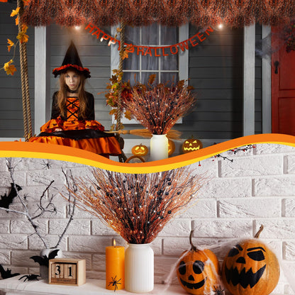 Giegxin 16 Pack Halloween Artificial Glitter Berry Stem, 17 Inches Fall and Thanksgiving Floral Picks Branches for Vase Centerpieces Labor Day Decor Holiday Ornaments(Black, Orange)