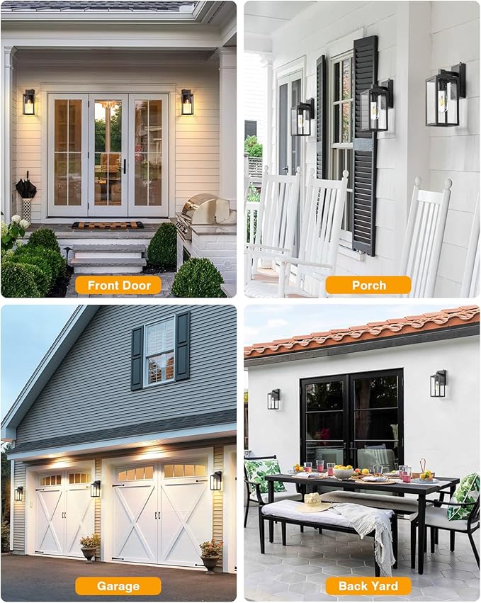 VIANIS 2 Pack Dusk to Dawn Sensor Outdoor Wall Lighting, Black Exterior Light Fixture Wall Mount for House, Anti-Rust Modern Outside Sconce Lantern with Tempered Seeded Glass for Front Porch, Garage