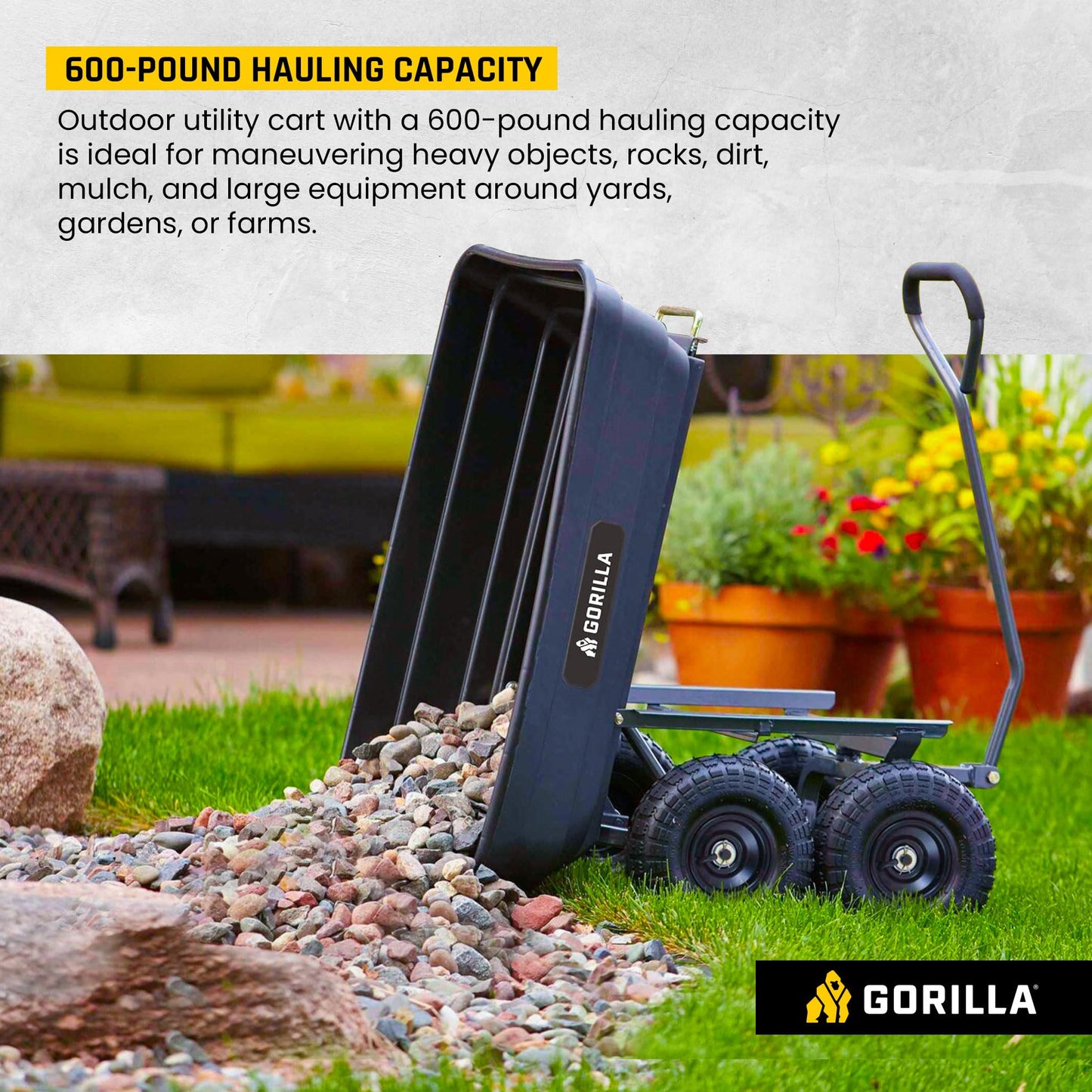 Gorilla Carts GOR4PS Poly Garden Dump Cart with Steel Frame and 10-in. Pneumatic Tires, Padded pull handle and Quick-release for easy unloading, 600-Pound Capacity, Black