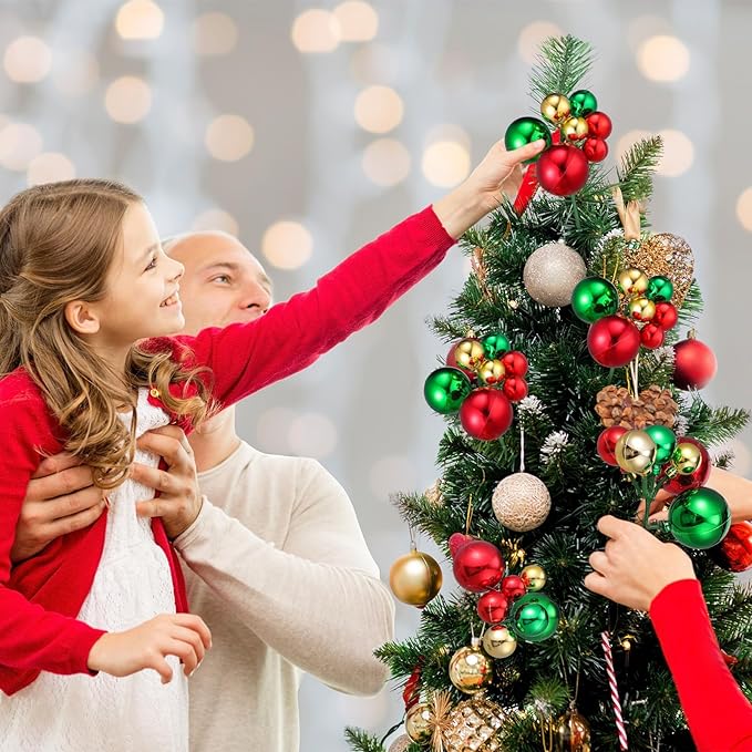 12 Pcs Christmas Tree Picks 7.87 Inch Red Green Gold Christmas Balls Ornaments Christmas Tree Decorations for Xmas Tree Topper DIY Wreath Holiday Floral Vase Fillers Crafts Home Decor