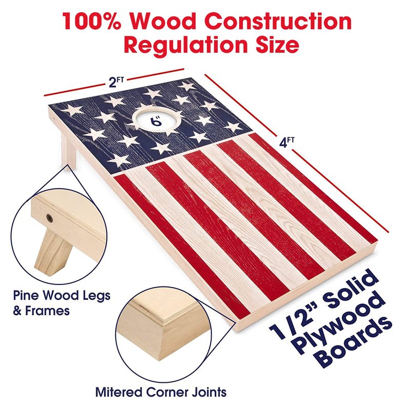 GoSports Flag Series Wood Cornhole Sets – Choose American Flag or State Flags – Includes Two Regulation Size 4 ft x 2 ft Boards, 8 Bean Bags, Carrying Case and Rules