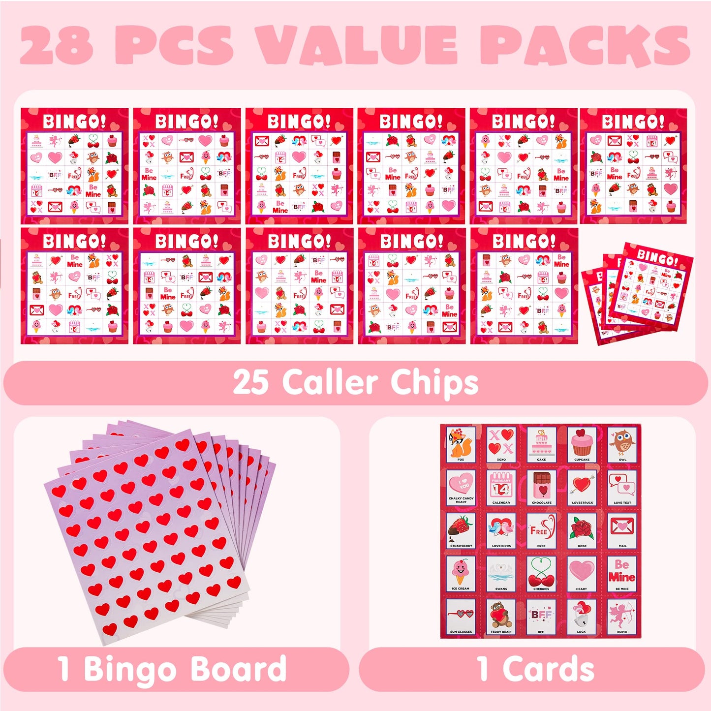 JOYIN 28 Players Valentine's Day Bingo Set, Game Cards for Kids School Classroom Party Supplies, Family Activity