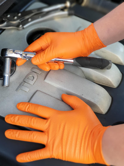 100 Heavy Duty Super Strong Orange Grip Nitrile Gloves PF 8.5 mil |Mechanical |Industrial| Engineering |Food| Cleaning| Plumbing |Gardening Gloves (Orange, LARGE)