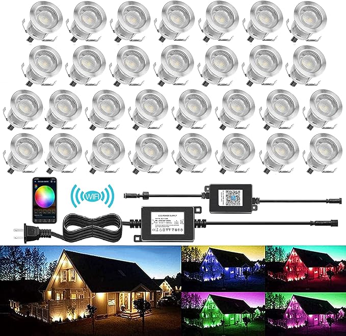 Low Voltage LED Deck Light Kit Stainless Steel Waterproof Recessed Wood Decking Stairs Garden Yard Patio Decor Lamp Outdoor LED Lighting (RGB-WiFi, 20pcs)