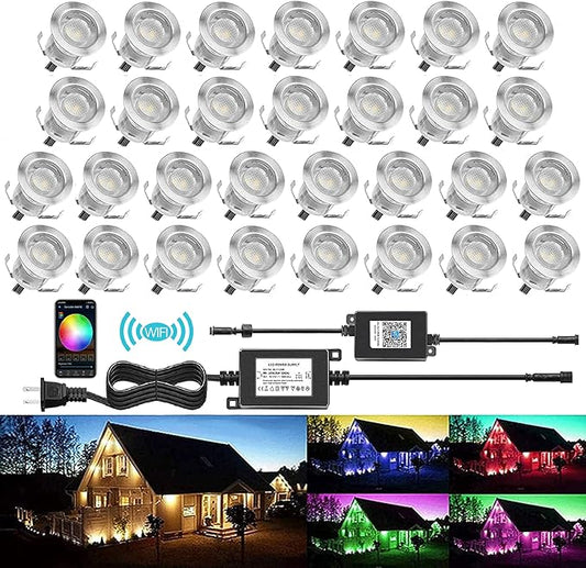 Low Voltage LED Deck Light Kit Stainless Steel Waterproof Recessed Wood Decking Stairs Garden Yard Patio Decor Lamp Outdoor LED Lighting (RGB-WiFi, 20pcs)