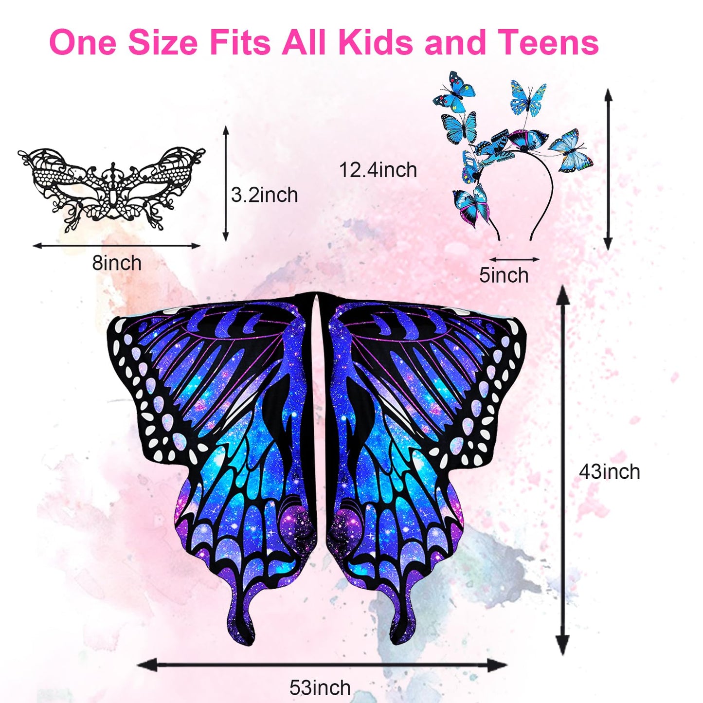 RekTak Butterfly Wings for Girls, Butterfly Costume for Halloween Party Kids Fairy Wing with Mask and Headband(Blue)