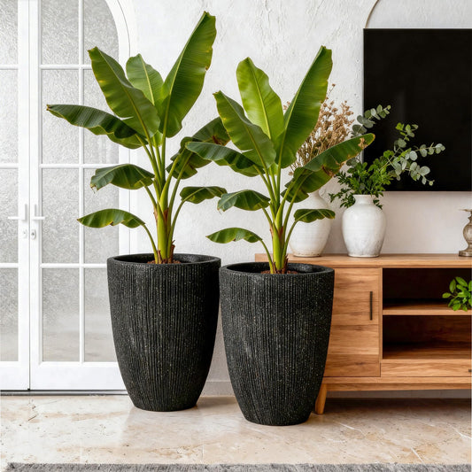 Ultym 2 Pack 19" Tall Black Fluted Concrete-Look Resin Planters, Large Round UV-Resistant Flower Pots for Indoor Outdoor Plants, Decorative Ribbed Planters for Garden Patio Porch Home Office