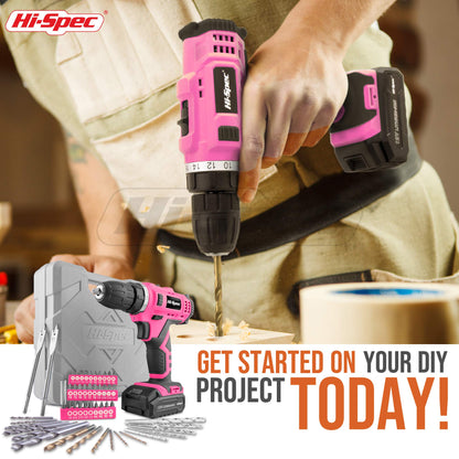 Hi-Spec 50pc 12V Pink Electric Cordless Power Drill Driver. in a Carry Case with Rechargeable Battery, Power Screwdriver Bits, Wood, Metal, and Masonry Drill Bit Set Accessories