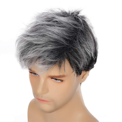 Kaneles Men Short Curly Silver Grey Root Black Cosplay Wig Halloween Costume Male Wig