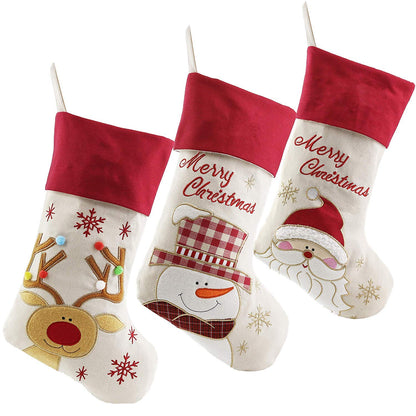 WEWILL 18'' Vintage Christmas Stockings Set of 3 Santa, Snowman, Reindeer, Xmas Character Large Christmas Stocking Hanging Tag Knit Border for Family Kids