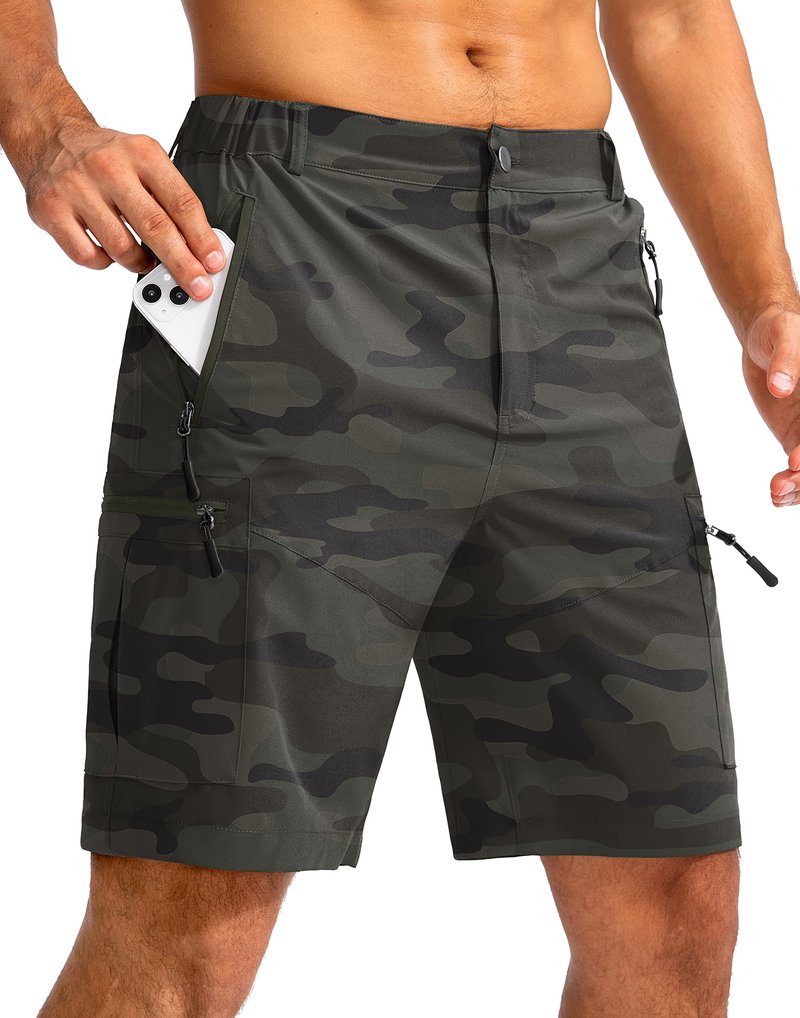 Pudolla Men's Hiking Cargo Shorts 9" Lightweight Outdoor Work Shorts for Men Travel Golf Camping Casual with 5 Zipper Pockets(Green Camo 3X-Large)