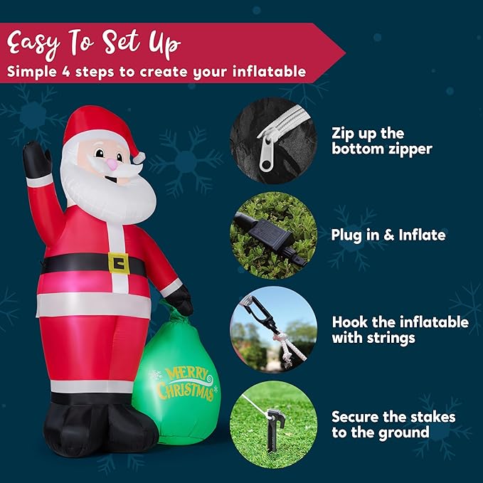 JOYIN 8FT Tall Christmas Inflatable Santa Outdoor Decoration for Yard, Blow Up Santa Decor Holding Gift Bags with Build-in LEDs for Xmas Party Decor Yard Outside Garden Holiday Decoration