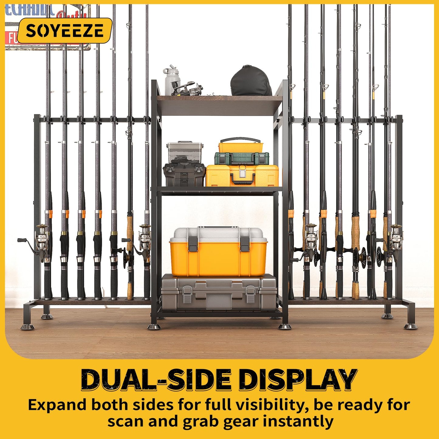 SOYEEZE Fishing Rod Holder for 28 Rods, Ground Stand Fishing Pole Holders for Garage, 3-Sided Vertical Fish Rod Rack for Tackle Box, Fishing Supplies,a Display Fish Gear Storage Gift for Man