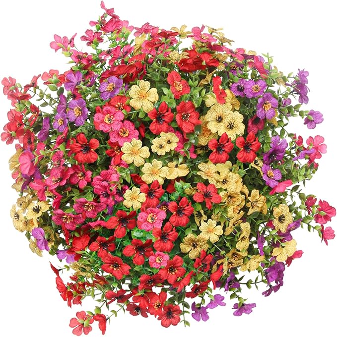 Artificial Hanging Faux Flowers Basket, Fake Silk Daisy Eucalyptus Plants Arrangement,for Spring Summer Outdoor Decoration,UV Resistant, Coconut Planter,Look Real for Home Garden Decor (Multi Color)
