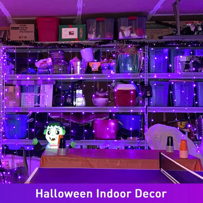 JMEXSUSS 300LED Purple Halloween Lights with Remote, Curtain Hanging Light Plug in, 8 Modes Purple String Lights for Bedroom Window Wall Party Backdrop Christmas Halloween Decorations
