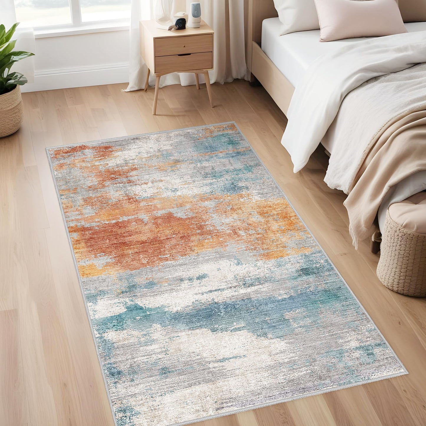 Abstract 3x5 Washable Rug: Modern Non Slip Area Rug Soft Carpet Foldable Distressed Stain Resistant Neutral Rugs for Hallway Living Room Bedroom Decor Indoor Small Farmhouse Rug 3'x5' Blue Brick