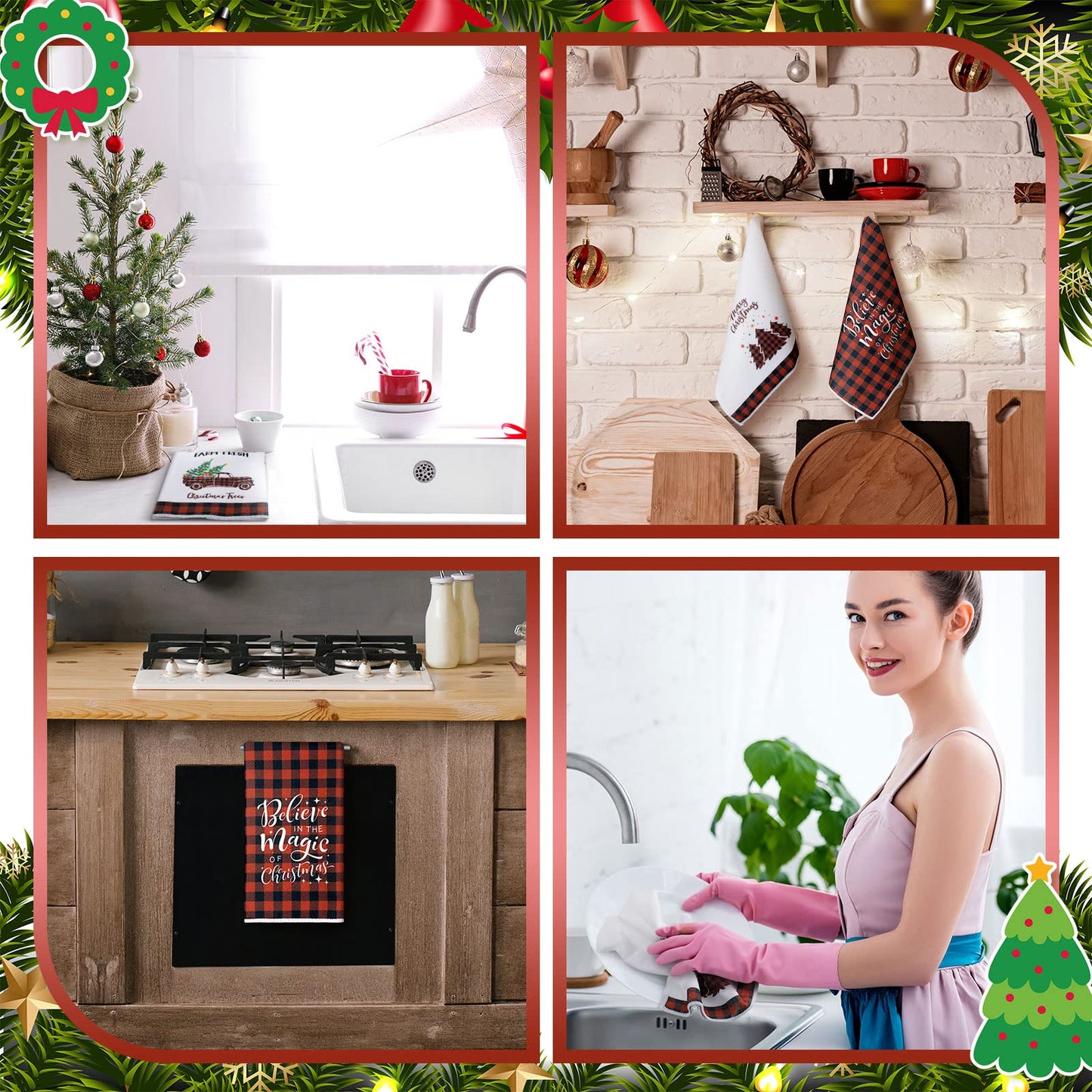 Patelai 4 Pack Christmas Kitchen Towels Buffalo Plaid Tea Dishtowels Farmhouse Winter Bathroom Hand Towels Christmas Decorations for Kitchen Holiday Xmas Housewarming Gifts(Red Black,Tree)