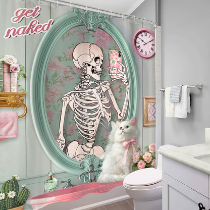 Mitpok Funny Skull Skeleton Shower Curtain 60Wx72H Cute Cat Retro Kitten Animal Gothic Fun Floral Fashion Bathroom Decor Halloween Unique Cool Horror Scary Bath Curtain Fabric Polyester 12 Pack Hooks