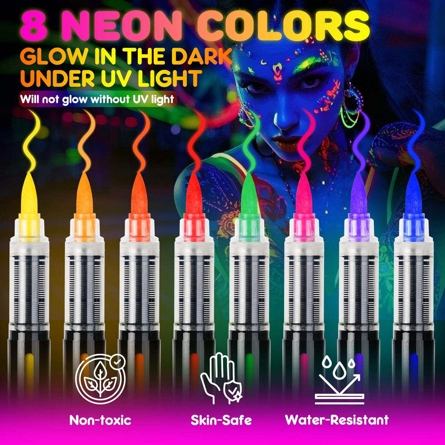 ThEast 8 Glow in the Dark Body Paint, Halloween Makeup Kit, UV Neon Face Markers, Glowing Face Painting Pens, Washable Tattoo Markers for Skin, Festival Essentials