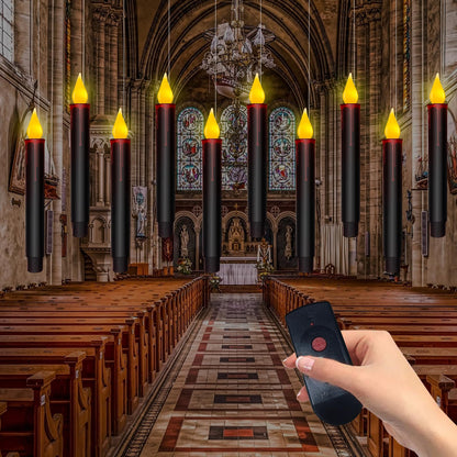 Floating Candles With Remote - 10 PCs Magic Hanging Flameless Taper Lights, Flickering Warm Battery Operated LED Window Decor for Home, Church, Horror Party, Halloween - Black