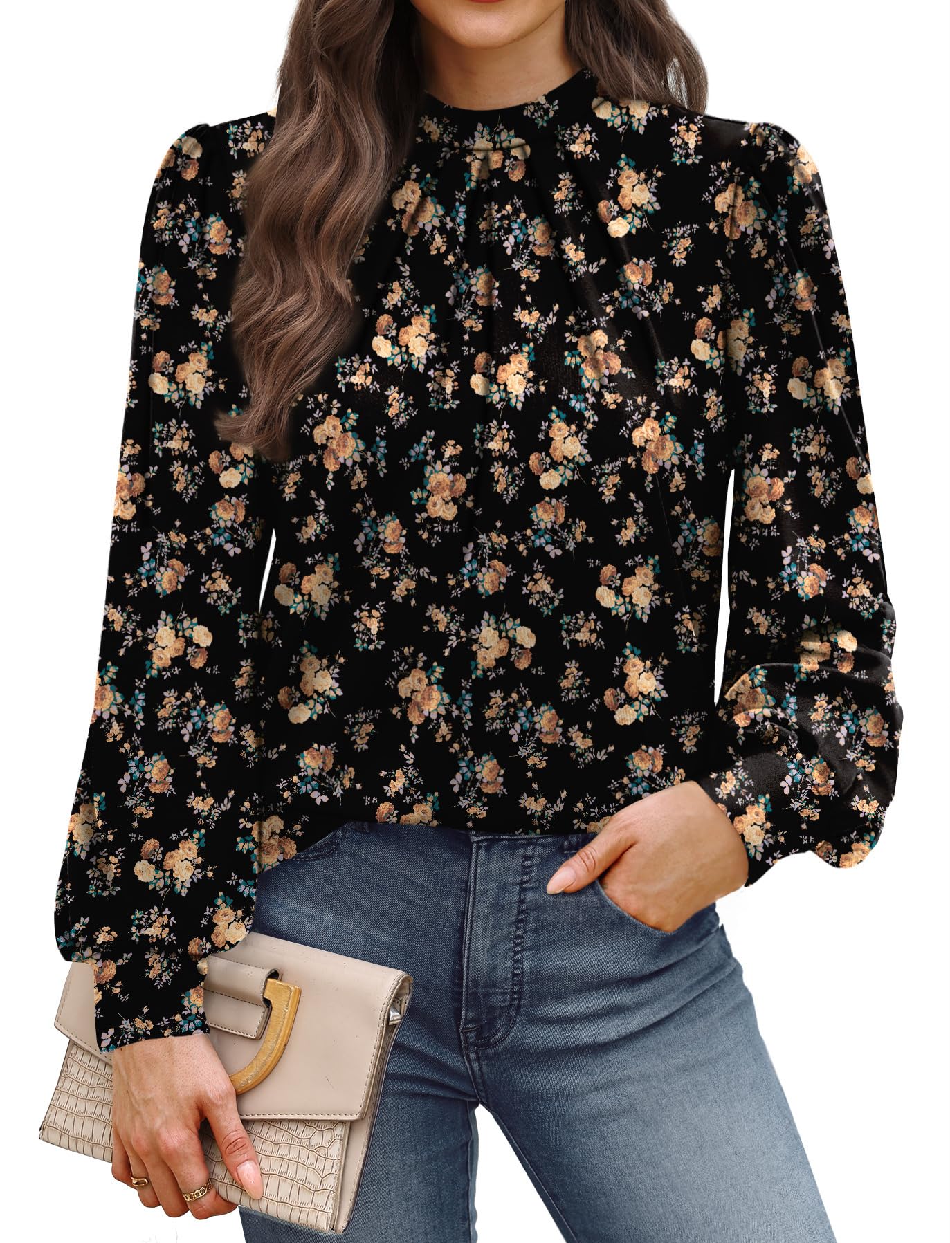 WIHOLL Long Sleeve Shirts for Women Mock Neck Tops Pleated Front Blouses Dressy Casual Fall Clothes 2025 Fashion