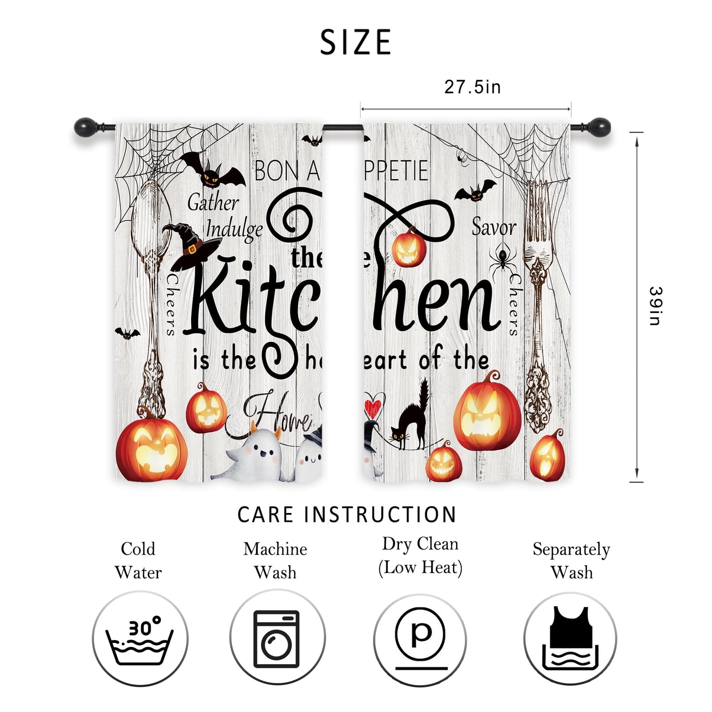 Riyidecor Halloween Rustic Farmhouse Kitchen Curtains Short Small Ghost Pumpkin Bat Spider Web Fork Spoon Rod Pocket Wood Plank Board Cool Bedroom Living Room Treatment Fabric 2 Panels 27.5Wx39H Inch