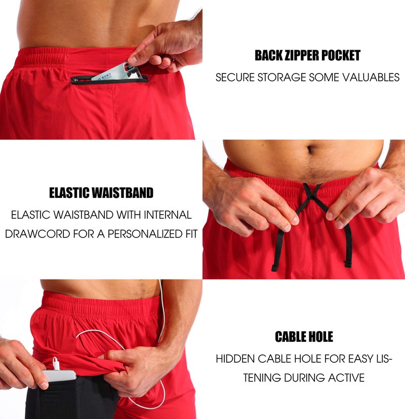 Pudolla Men’s 2 in 1 Running Shorts 5" Quick Dry Gym Athletic Workout Shorts for Men with Phone Pockets(Dark Red Medium)