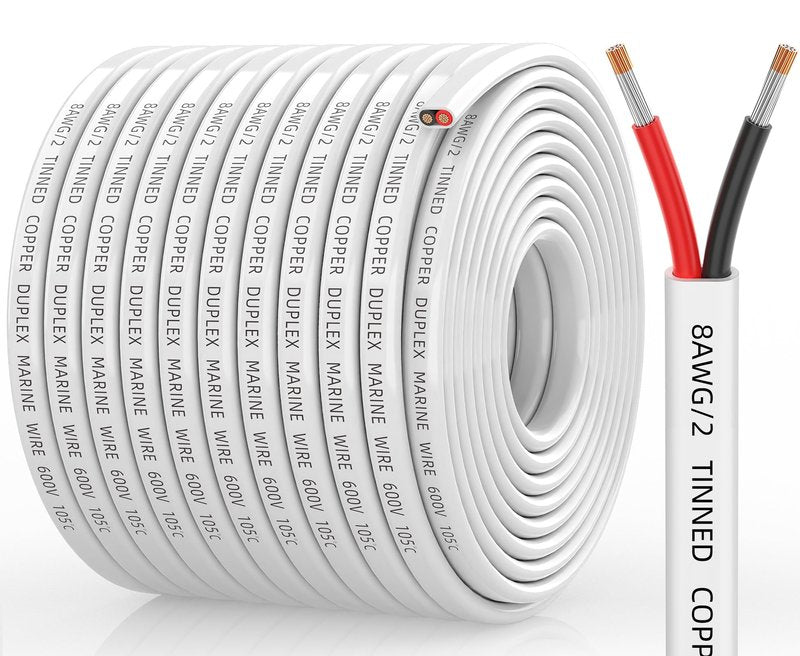 CONEPY 8 Gauge Marine Wire, 8/2 Duplex Marine Grade Cable, IP68 Waterproof/Oxygen-Free Tinned Copper Stranded PVC 8 AWG Wire for Boat, Automotive, RV, Solar, LED Strips (100FT)
