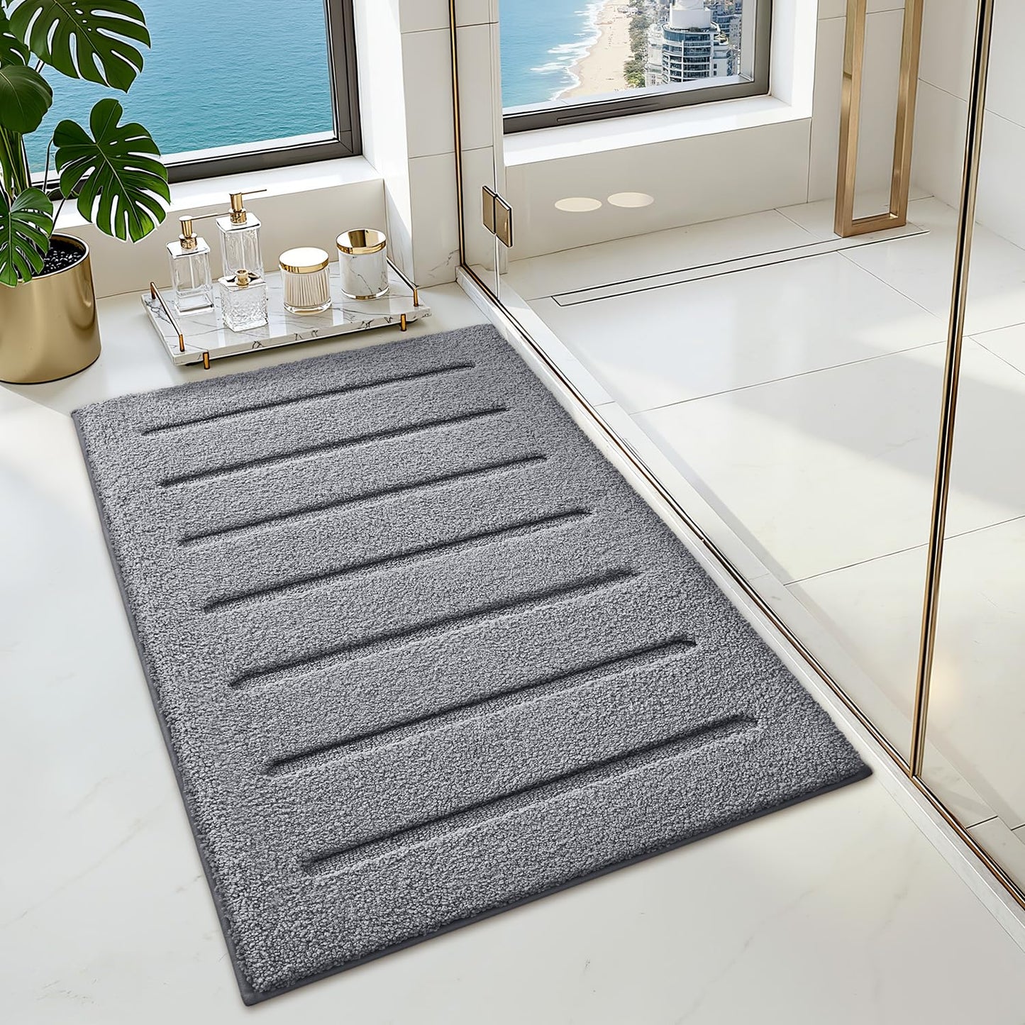 LUMI Non-Slip Skin-Friendly Bathroom Rugs, Hotel Quality Bath Mats for Bathroom, Washable Fluffy Shower Mat, Minimalist Luxury Striped Style,Ideal for Floor, Shower Tub, Entryway, 17"x30", Grey