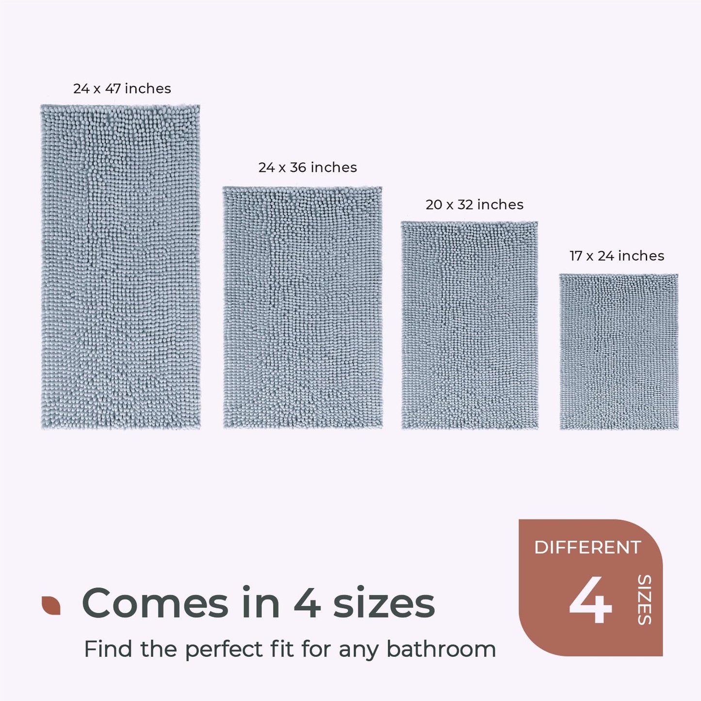 FRESHMINT Chenille Bathroom Rugs Non-Slip Bath Mat 24"x17", Washable Soft Shower Mat, for Bathroom Floor & Tub Fluffy Shag Bath Rugs, Durable Thick Water Absorbent Microfiber Shower Rugs, Sky Gray