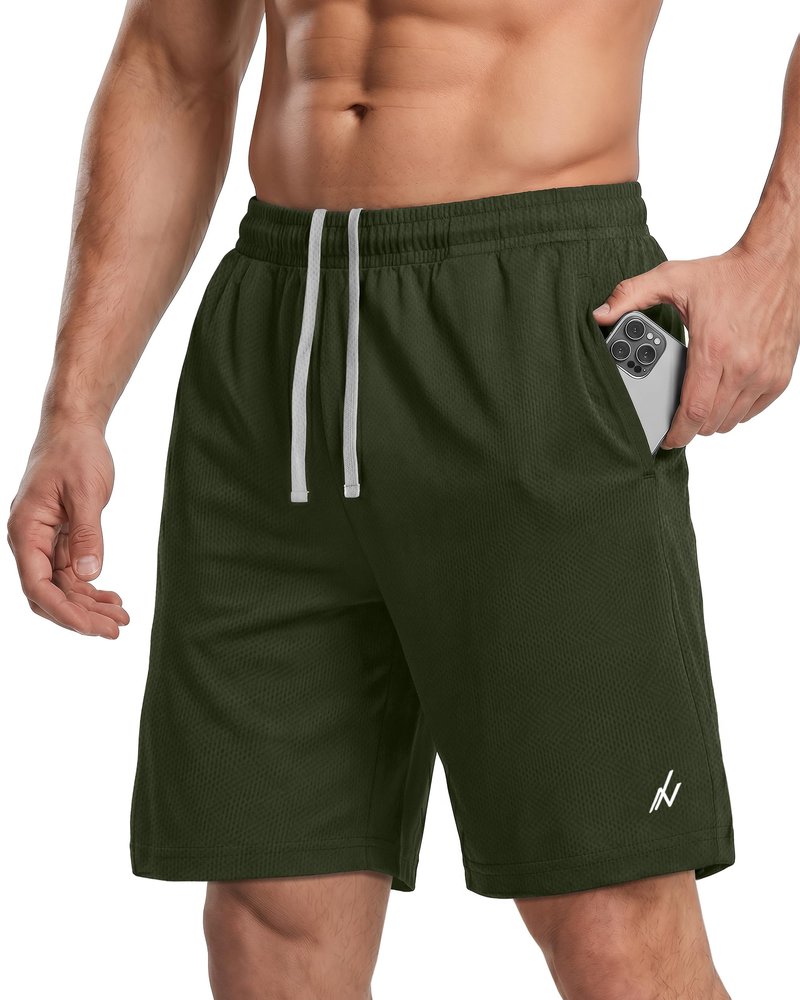 NY Threads Men's Athletic Shorts Quick Dry Loose-Fit Lightweight Running Workout Gym Shorts with Pockets, Large, Army Green