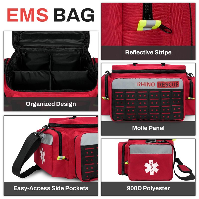 RHINO RESCUE First Responder First Aid Kit Fully-Stocked EMT Bag, Professional EMT/EMS Trauma Medical Kit, Molle System & Reflective Stripe, 300+ First Aid Supplies, Suits for Business, Home (Red)