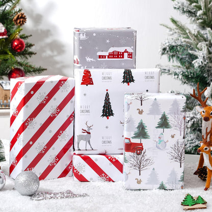 Cuitpan White Christmas Wrapping Paper Bundle for Kids Adults - Reindeer, Stripes, Woodlands, Snowflake, Red Truck Winter Scene Designs - 28 x 40 Inches, 6 Jumbo Sheets
