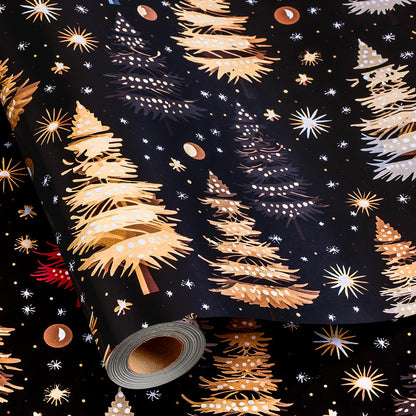 Garbendy Christmas Wrapping Paper Roll - 17 Inch X 32.8 Feet - Colorful Gold ChristmasTree Forests Design with Cut Lines on back for Christmas, Holiday, Party, Celebration
