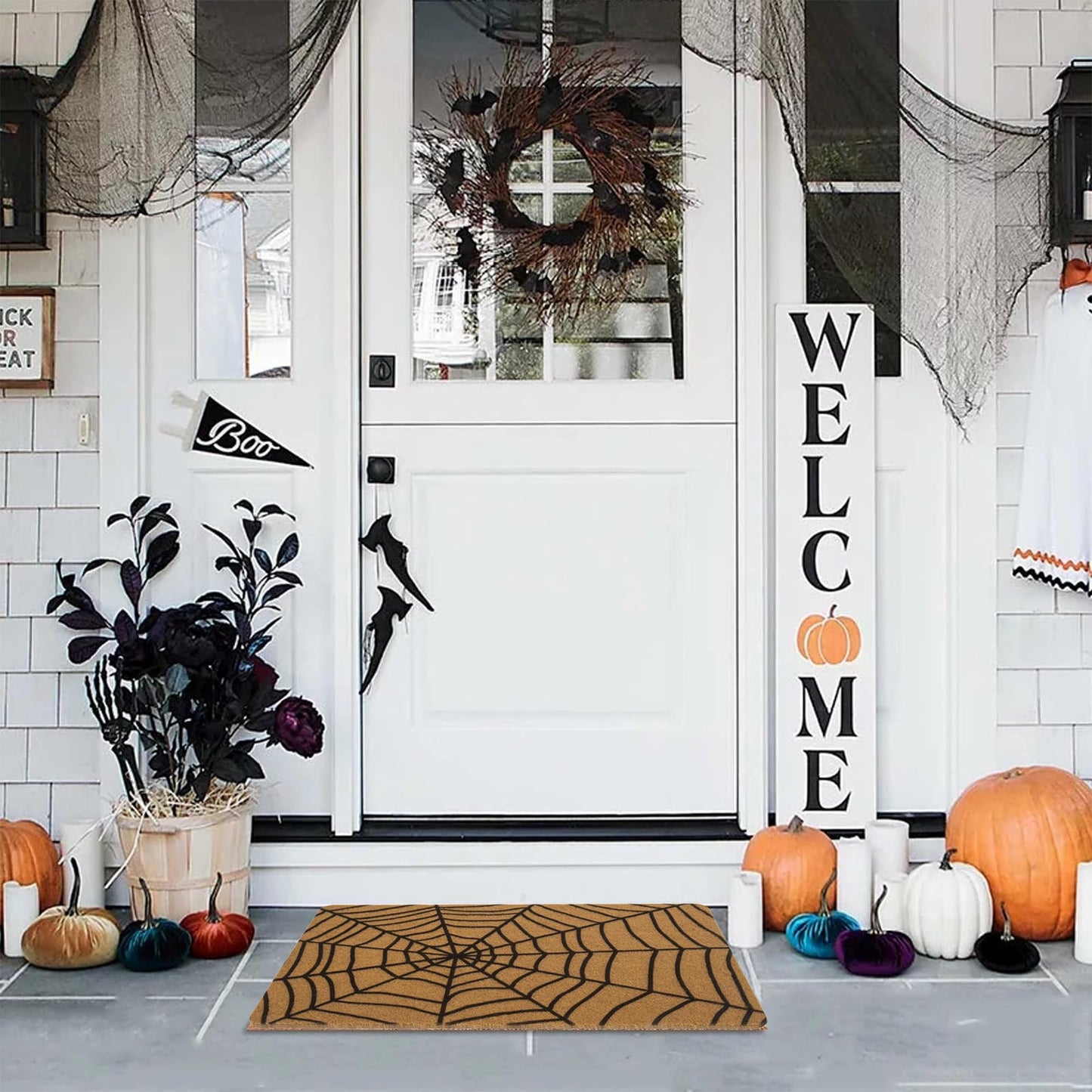 UTOWO Spider-Web Doormat for Halloween Outdoor Entry Decor Synthetic-Coir Frontdoor-Mats Non-Slip Porch/Farm/Garden Acc 17X29in