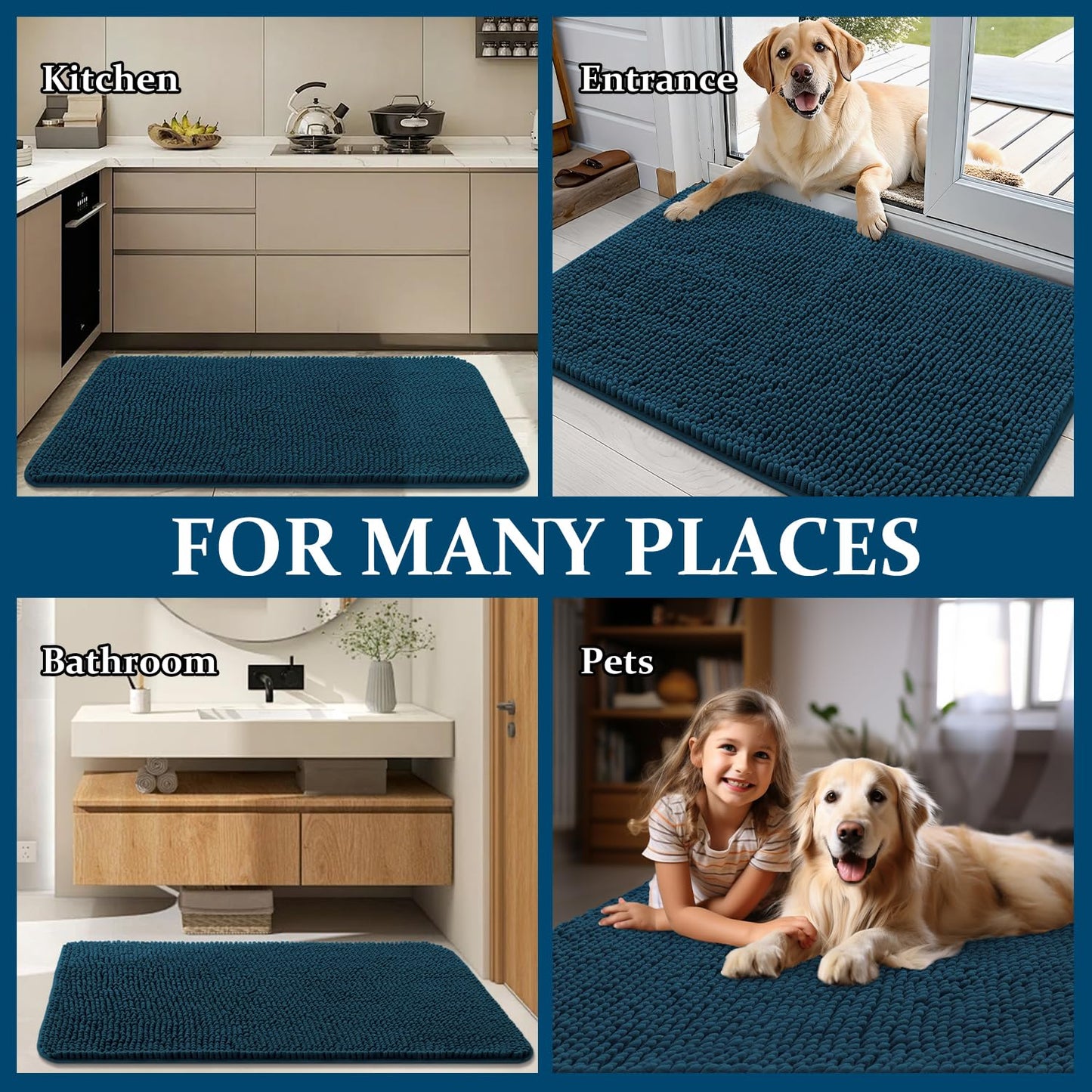 OLANLY Dog Door Mat for Muddy Paws 48x30, Absorbs Moisture and Dirt, Absorbent Non-Slip Washable Doormat, Quick Dry Chenille Mud Mat, Entry Indoor Entryway Carpet for Inside Floor, Atlantic Blue