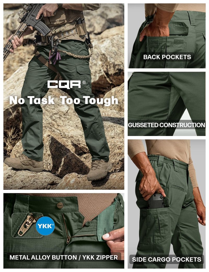 CQR Men's Tactical Pants, Water Resistant Ripstop Cargo Pants, Lightweight EDC Work Hiking Pants, Outdoor Apparel, Raider Green Kelp, 44W x 32L