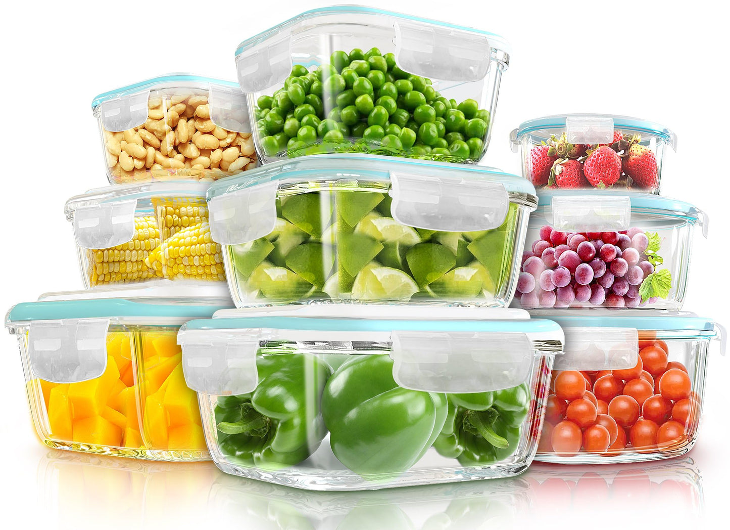 KICHLY Glass meal prep containers - Set of 18 pcs (9 Containers and 9 Lids) - Airtight Storage glass food containers with lids for Freezer - Snap locking, Dishwasher safe, Oven Friendly, & BPA Free