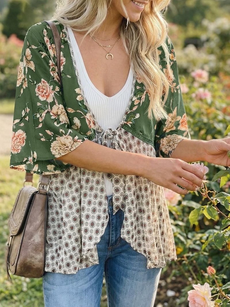 Women's Floral Tie Front Kimono Cardigan - Lightweight Ruffle 3/4 Sleeve Boho Beach Cover Up