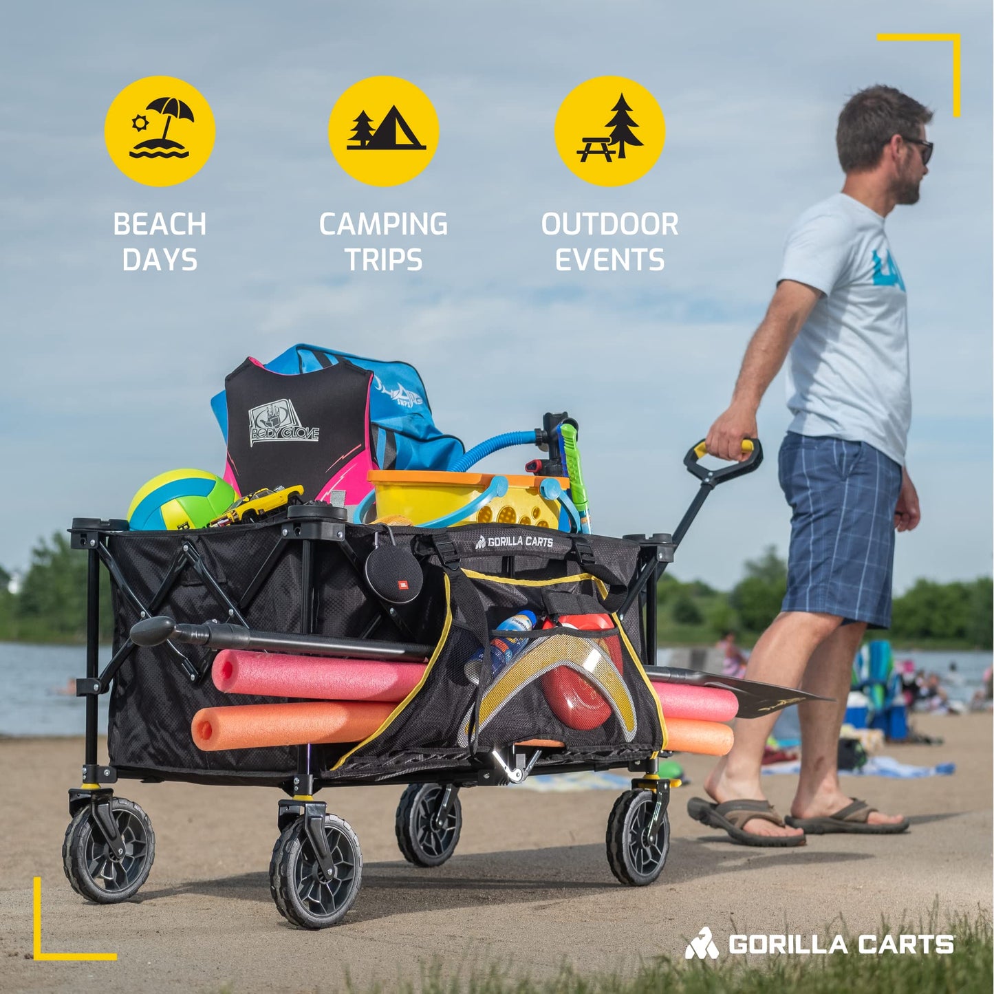 Gorilla Carts 7 cu ft 185L Capacity Foldable Festival Wagon Collapsible Durable All Terrain Utility Pull Camping Wagon with Oversized Bed and Built-in Cup Holders, Garden Trolley Black Load up to 70kg