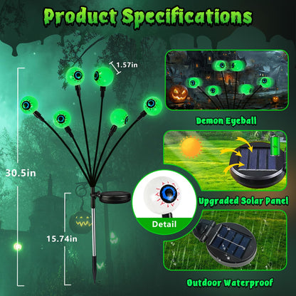 6 Pack Solar Eyeball Lights for Halloween Decorations Outdoor, 36 LED Green Eyeball Solar Halloween Lights, Waterproof Swaying Firefly Lights with 2 Modes for Pathway Patio Yard Lawn Garden Decor