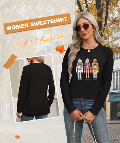 Ohhettm Sweatshirt for Women Crewneck 2025 Fashion Cable Knit Long Sleeve Loose Lightweight Sweater Fall Pullover Blouses Top Xmas Black 2XL
