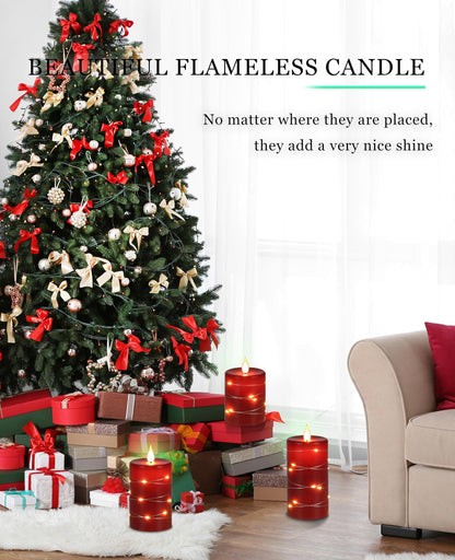Da by Red Flameless Candles with String Lights, Battery Operated Candles with Remote Control and Timer,Flickering LED Pillar Candles for Home Décor,Real Wax,3 Pack -Red