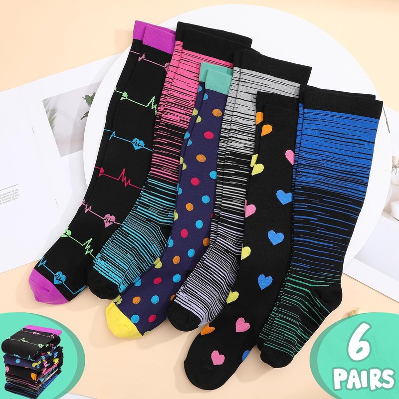 Jspupifip 6 Pairs Plus Size Compression Socks for Women Wide Calf Extra Large Knee High Support for Travel Yoga Running Circulation, 3X-Large