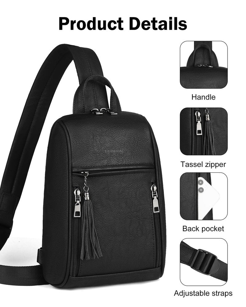 FADEON Sling Bag for Women, Crossbody Backpack with Tassels, Designer Leather Shoulder Chest Bags for Travel