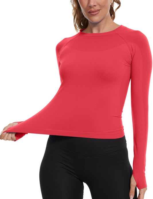 MathCat Seamless Workout Shirts for Women, Long Sleeve Workout Tops for Women, Yoga Sports Athletic Gym Tops Red