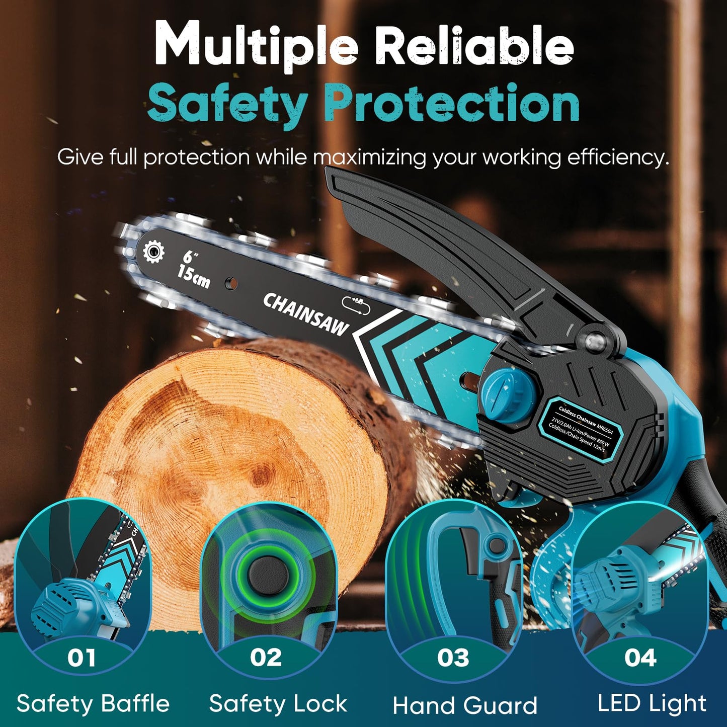 8000mAh Mini Chainsaw Cordless 6 Inch, 2025 Powerful Electric Battery Life of 80-100 Minutes Chainsaw with 2 Chain and Guide Bar,Security Lock, Wood/Tree Saw for Garden Tree Trimming
