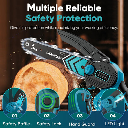 8000mAh Mini Chainsaw Cordless 6 Inch, 2025 Powerful Electric Battery Life of 80-100 Minutes Chainsaw with 2 Chain and Guide Bar,Security Lock, Wood/Tree Saw for Garden Tree Trimming