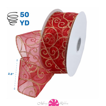 Morex Ribbon 7416.60/50-934 Swirl 2.5" X 50 YD Nylon Sheer Curling Wired Glitter Ribbon, Red/Gold, Holiday Ribbons for Crafts and Christmas Decorations, Gift Wrapping
