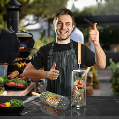 ivtivfu Rolling Grill Baskets (Hexagon), Removable Wooden Handle, 304 Stainless Steel, Nesting BBQ Accessories Tools for Vegetables Shrimp, Outdoor Cooking Camping, Birthday Gifts for Men Dad Husband